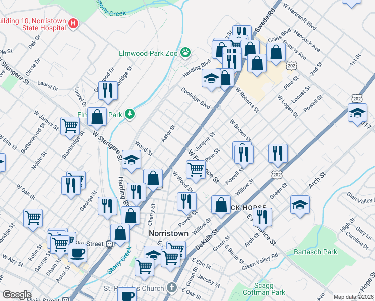 map of restaurants, bars, coffee shops, grocery stores, and more near 1342 Markley Street in Norristown