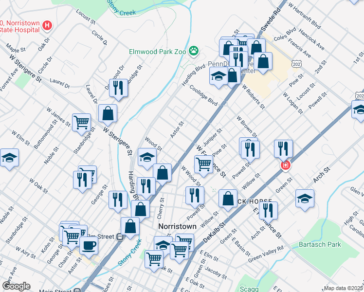 map of restaurants, bars, coffee shops, grocery stores, and more near 1342 Markley Street in Norristown