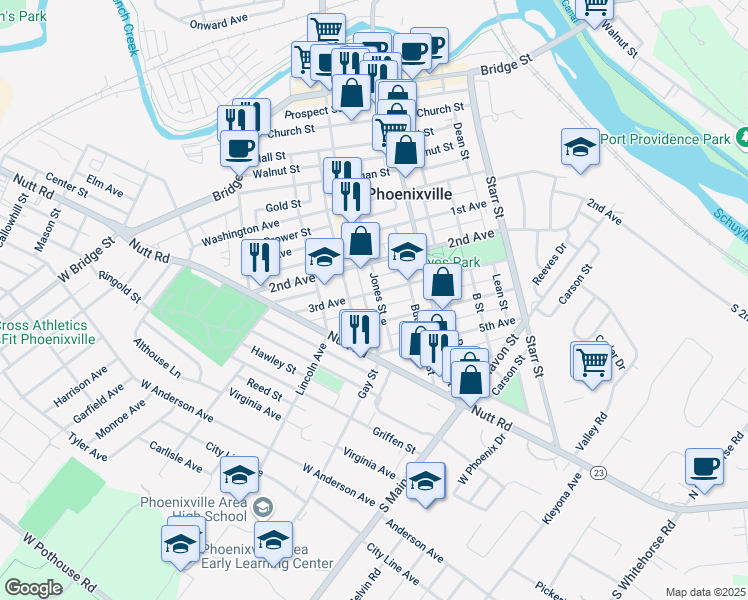 map of restaurants, bars, coffee shops, grocery stores, and more near 245 4th Avenue in Phoenixville