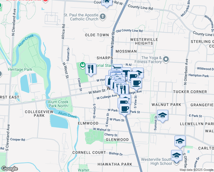 map of restaurants, bars, coffee shops, grocery stores, and more near 5 North Knox Street in Westerville