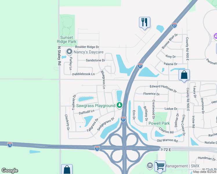 map of restaurants, bars, coffee shops, grocery stores, and more near 846 Sedgegrass Drive in Champaign