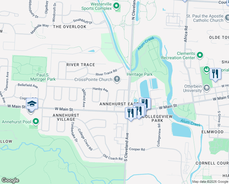 map of restaurants, bars, coffee shops, grocery stores, and more near 77 Groton Drive in Westerville