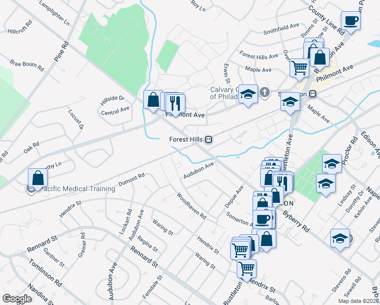 map of restaurants, bars, coffee shops, grocery stores, and more near 12006 Pandrail Place in Philadelphia