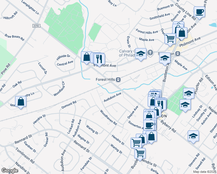 map of restaurants, bars, coffee shops, grocery stores, and more near 290 Byberry Road in Philadelphia