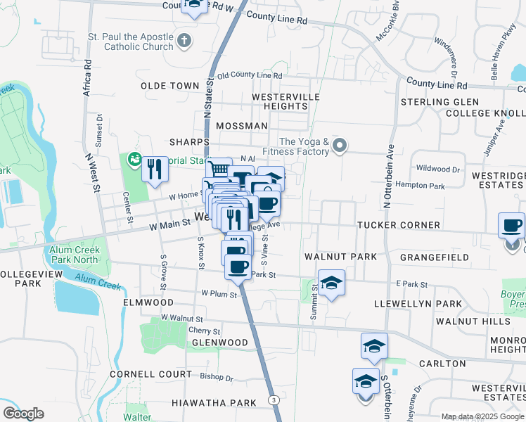 map of restaurants, bars, coffee shops, grocery stores, and more near 14 North Vine Street in Westerville
