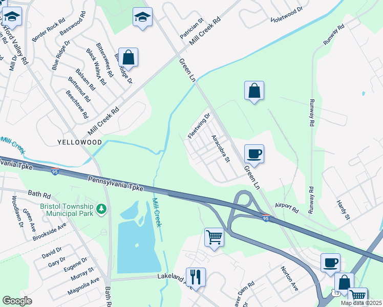 map of restaurants, bars, coffee shops, grocery stores, and more near 2401 Fleetwing Drive in Levittown