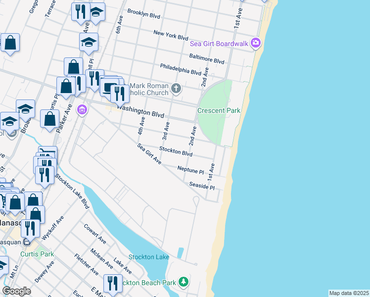 map of restaurants, bars, coffee shops, grocery stores, and more near 200 Stockton Boulevard in Sea Girt
