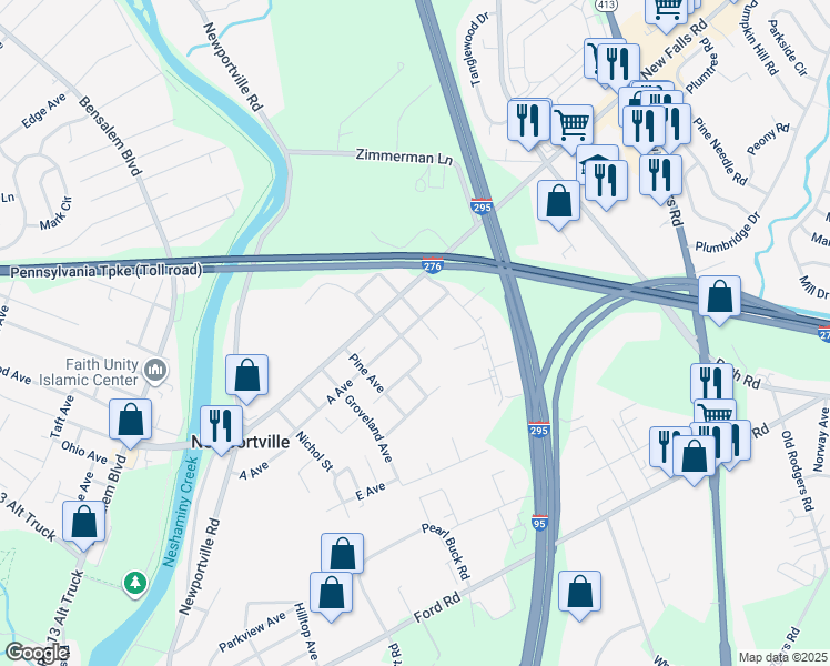 map of restaurants, bars, coffee shops, grocery stores, and more near 2804 A Avenue in Levittown