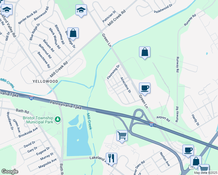 map of restaurants, bars, coffee shops, grocery stores, and more near 2401 Fleetwing Drive in Levittown