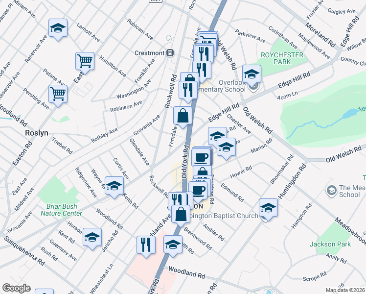 map of restaurants, bars, coffee shops, grocery stores, and more near 1515 Pennsylvania 611 in Abington
