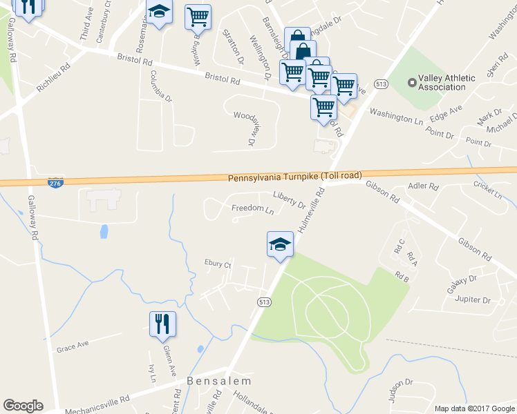 map of restaurants, bars, coffee shops, grocery stores, and more near Freedom Lane in Bensalem