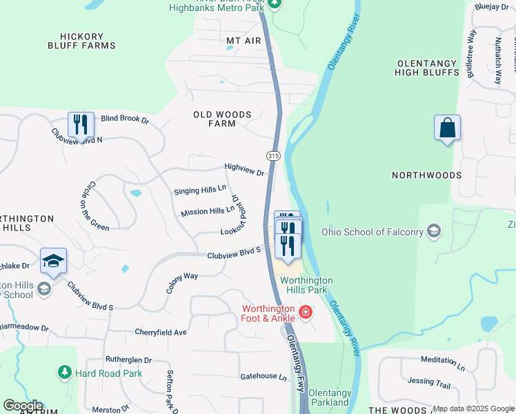 map of restaurants, bars, coffee shops, grocery stores, and more near 7901 Ohio 315 in Columbus