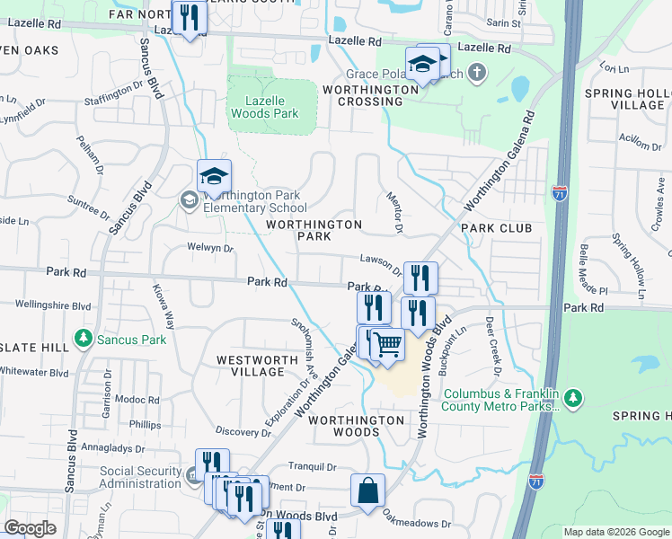 map of restaurants, bars, coffee shops, grocery stores, and more near 7857 Cobdon Avenue in Westerville