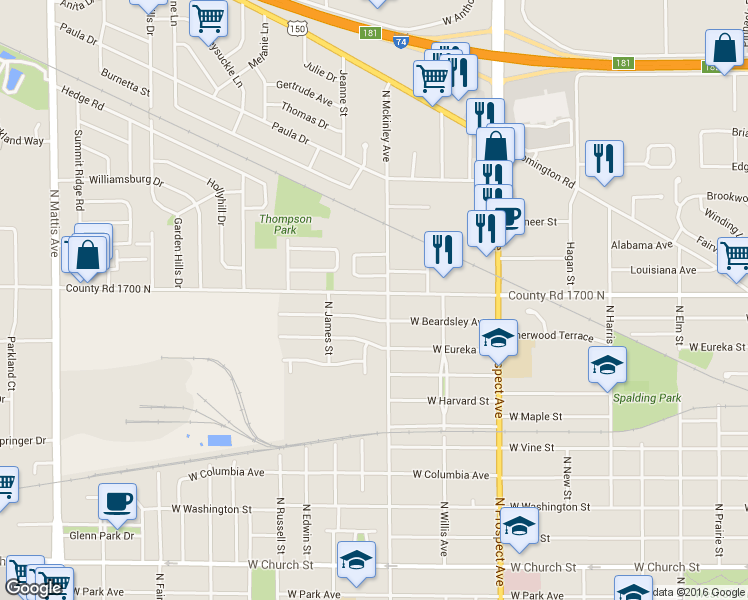 map of restaurants, bars, coffee shops, grocery stores, and more near 1101 North Mckinley Avenue in Champaign