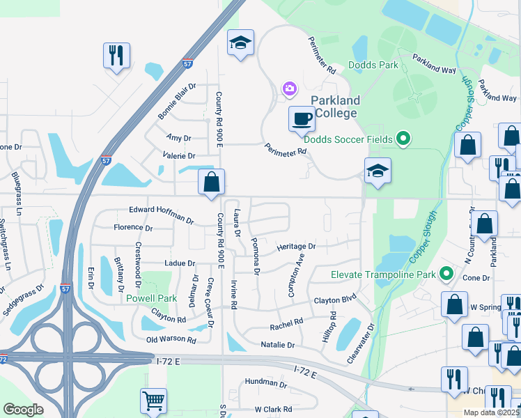 map of restaurants, bars, coffee shops, grocery stores, and more near 1018 Pomona Drive in Champaign