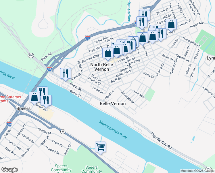 map of restaurants, bars, coffee shops, grocery stores, and more near 417 Wood Street in Belle Vernon