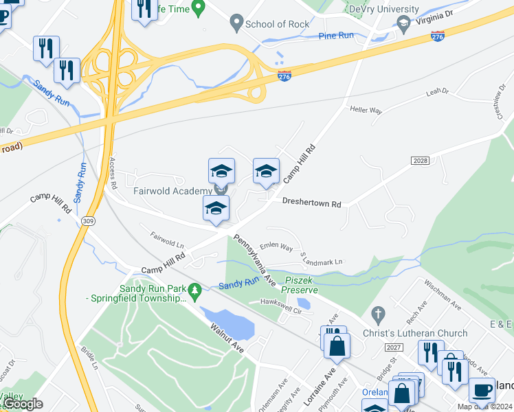 map of restaurants, bars, coffee shops, grocery stores, and more near 180 Camp Hill Road in Fort Washington
