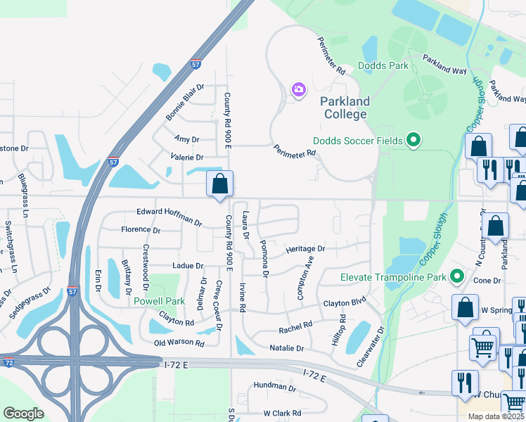 map of restaurants, bars, coffee shops, grocery stores, and more near 1188 Pomona Drive in Champaign