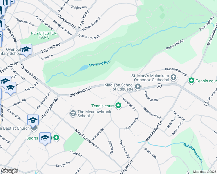 map of restaurants, bars, coffee shops, grocery stores, and more near 1782 Paper Mill Road in Meadowbrook