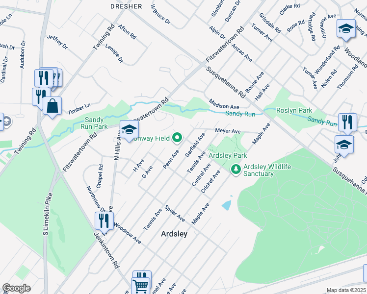 map of restaurants, bars, coffee shops, grocery stores, and more near 947 Penn Ave in Glenside