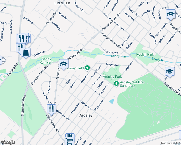 map of restaurants, bars, coffee shops, grocery stores, and more near 947 Penn Ave in Glenside