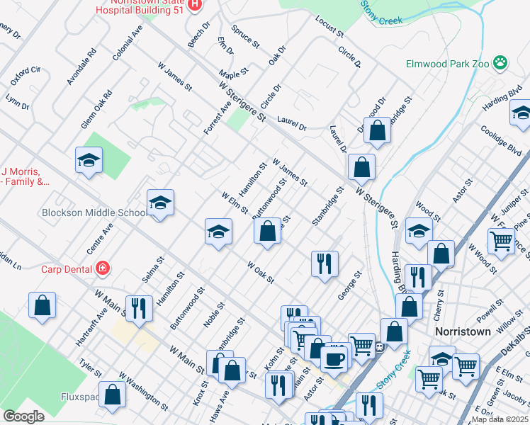map of restaurants, bars, coffee shops, grocery stores, and more near 808 Buttonwood Street in Norristown