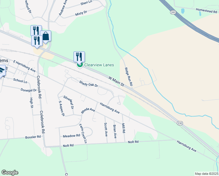 map of restaurants, bars, coffee shops, grocery stores, and more near 1939 Shady Oak Drive in Mount Joy