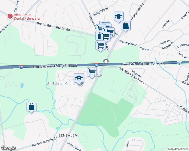 map of restaurants, bars, coffee shops, grocery stores, and more near 4 Liberty Drive in Bensalem