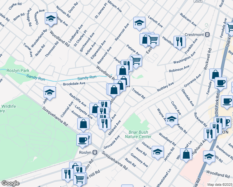 map of restaurants, bars, coffee shops, grocery stores, and more near 1326 East Avenue in Abington