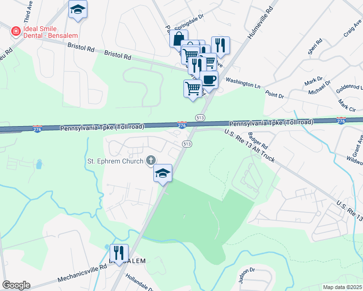 map of restaurants, bars, coffee shops, grocery stores, and more near 4 Liberty Drive in Bensalem