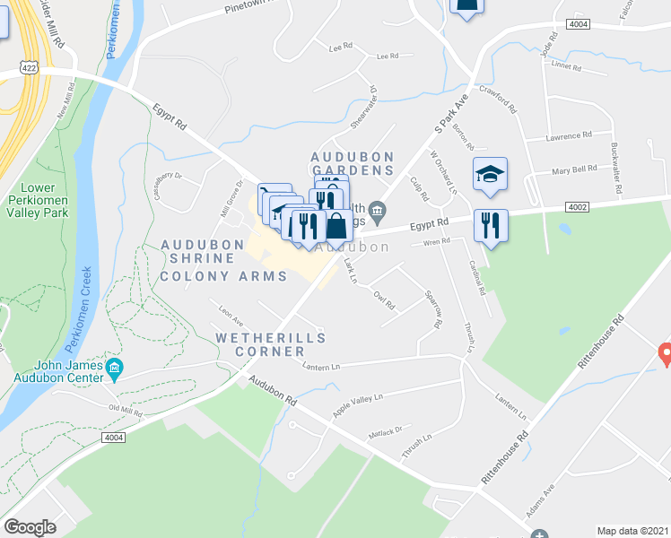 map of restaurants, bars, coffee shops, grocery stores, and more near 1114 Pawlings Road in Norristown