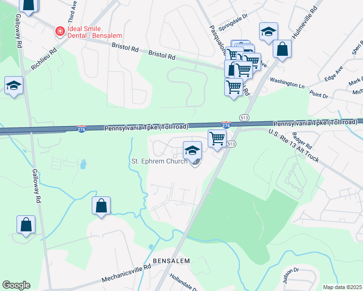 map of restaurants, bars, coffee shops, grocery stores, and more near 72 Freedom Lane in Bensalem