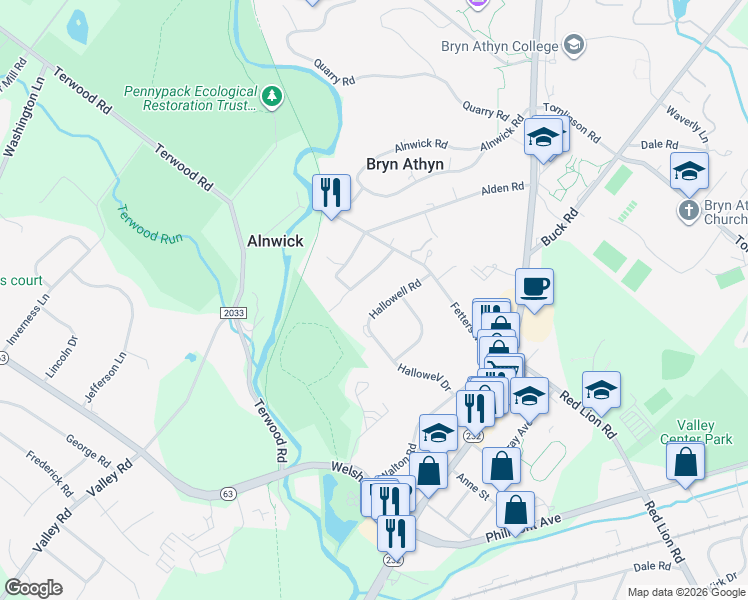map of restaurants, bars, coffee shops, grocery stores, and more near 2510 Hallowell Road in Montgomery County