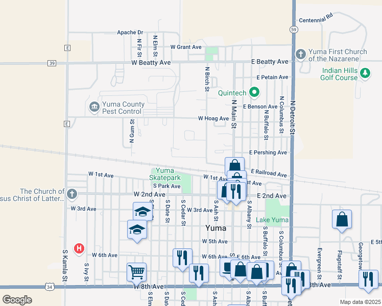 map of restaurants, bars, coffee shops, grocery stores, and more near 224 West Railroad Avenue in Yuma