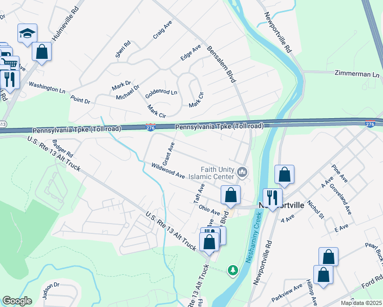 map of restaurants, bars, coffee shops, grocery stores, and more near 1227 Florida Avenue in Bensalem