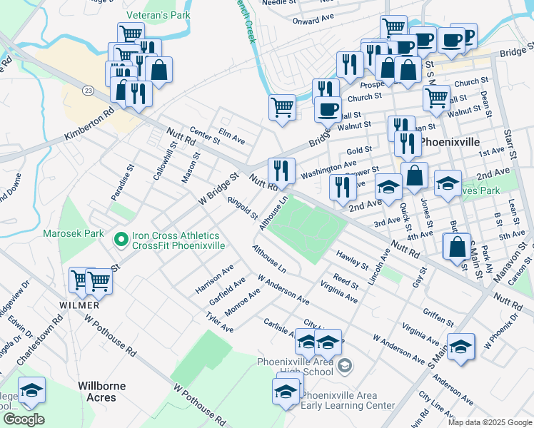 map of restaurants, bars, coffee shops, grocery stores, and more near 831 Maple Avenue in Phoenixville