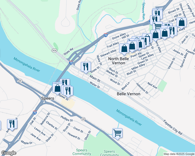 map of restaurants, bars, coffee shops, grocery stores, and more near 223 Water Street in Belle Vernon