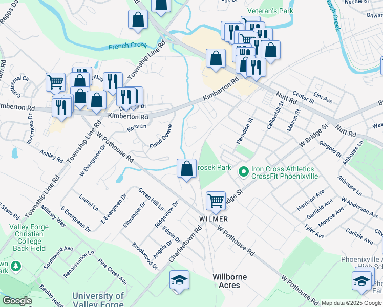 map of restaurants, bars, coffee shops, grocery stores, and more near 1022 Davids Run in Phoenixville