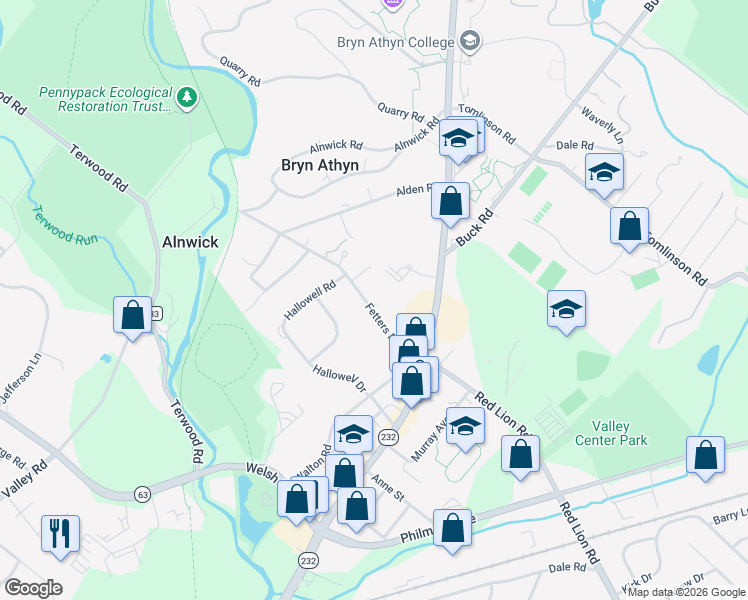 map of restaurants, bars, coffee shops, grocery stores, and more near 745 Fetters Mill Road in Bryn Athyn