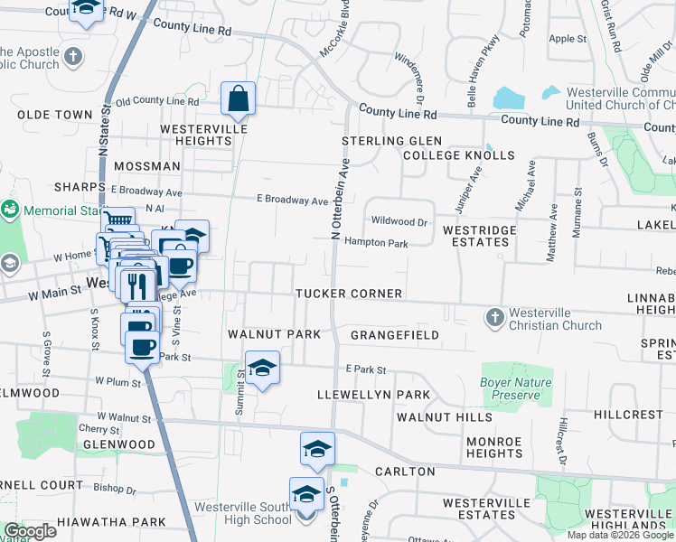map of restaurants, bars, coffee shops, grocery stores, and more near 16 North Otterbein Avenue in Westerville