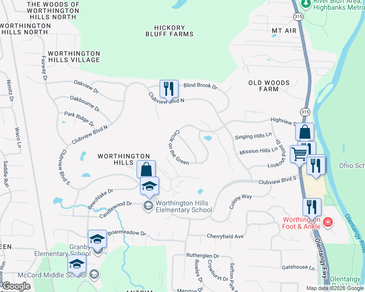 map of restaurants, bars, coffee shops, grocery stores, and more near 1099 Circle on the Green in Columbus
