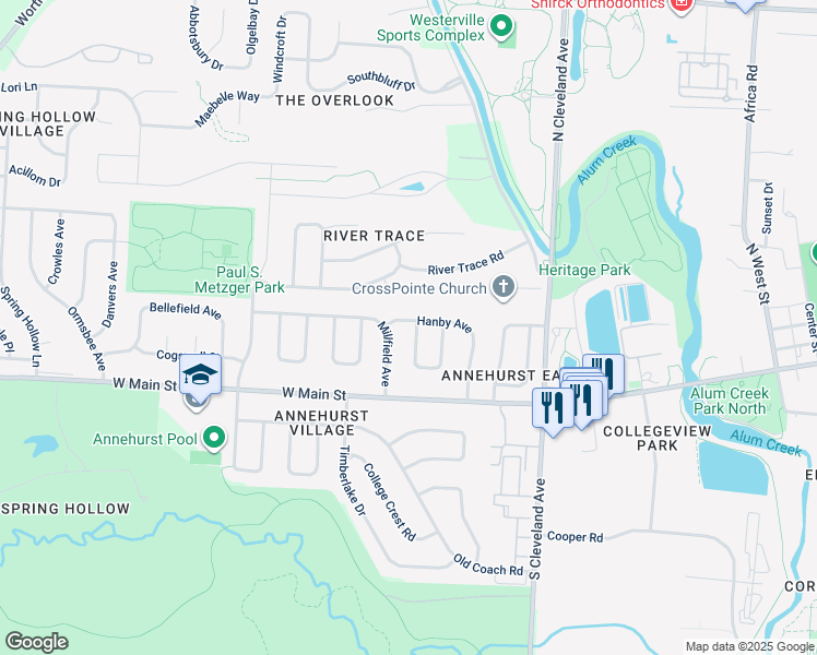 map of restaurants, bars, coffee shops, grocery stores, and more near 74 Kennebec Place West in Westerville