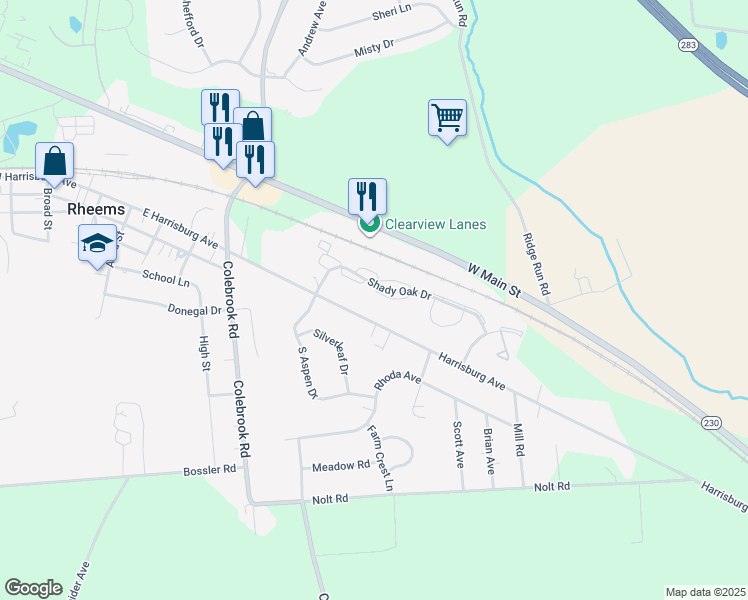 map of restaurants, bars, coffee shops, grocery stores, and more near 1949 Harrisburg Avenue in Mount Joy