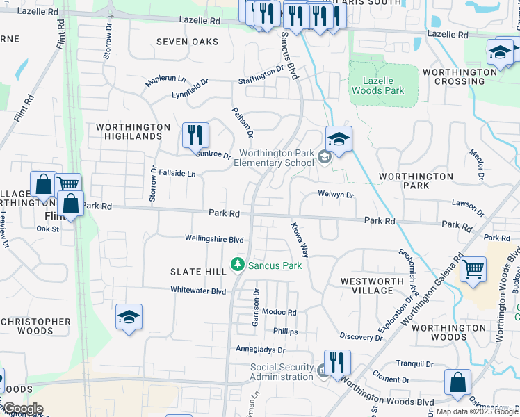 map of restaurants, bars, coffee shops, grocery stores, and more near 873 Soramill Lane in Columbus