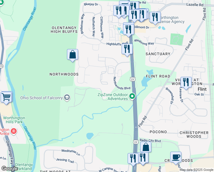 map of restaurants, bars, coffee shops, grocery stores, and more near 8001 Ravines Edge Court in Columbus