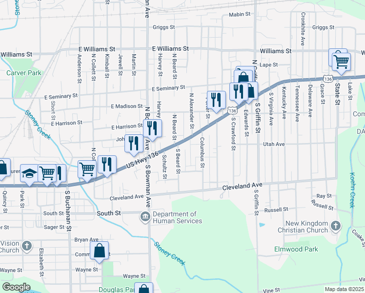map of restaurants, bars, coffee shops, grocery stores, and more near 1-31 S Beard St in Danville
