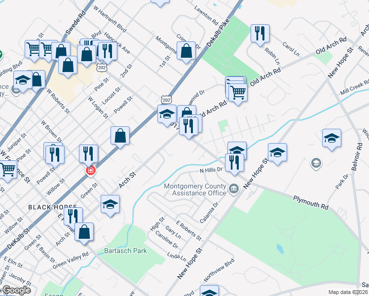 map of restaurants, bars, coffee shops, grocery stores, and more near 2 Zummo Way in Norristown