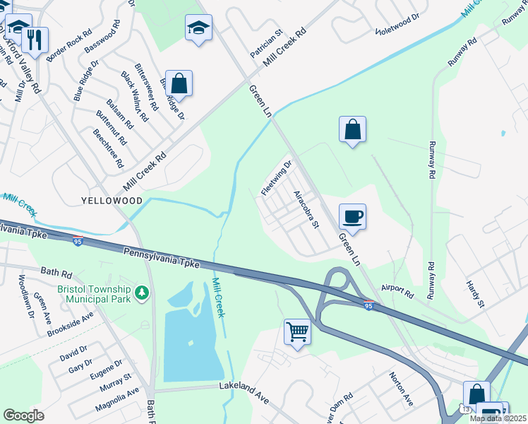 map of restaurants, bars, coffee shops, grocery stores, and more near 2409 Fleetwing Drive in Levittown