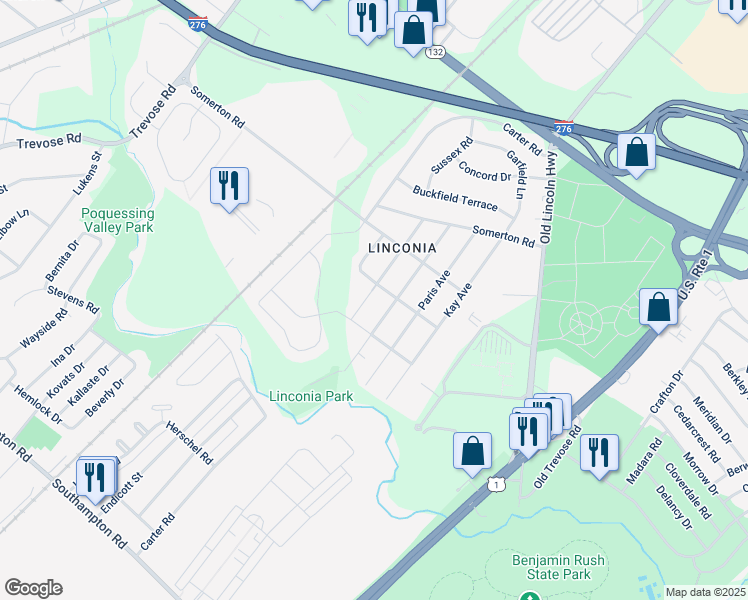 map of restaurants, bars, coffee shops, grocery stores, and more near 2413 Buffalo Avenue in Trevose