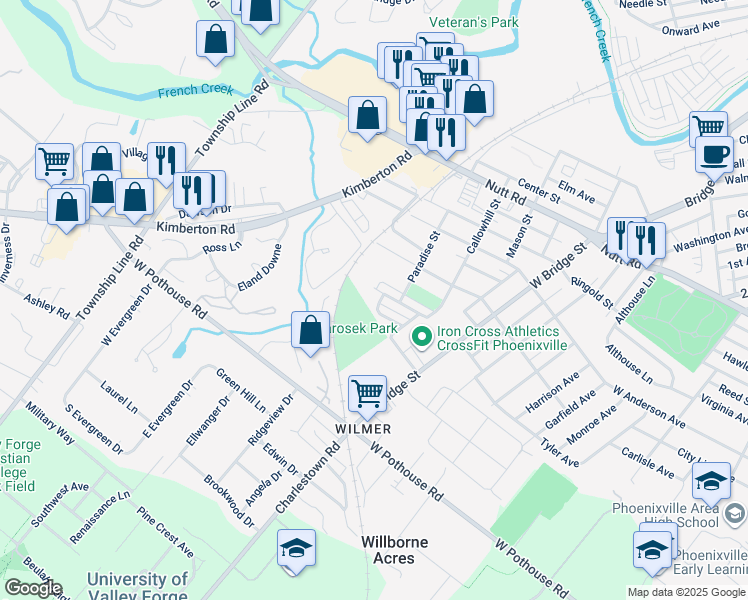 map of restaurants, bars, coffee shops, grocery stores, and more near 1168 Oxford Avenue in Phoenixville